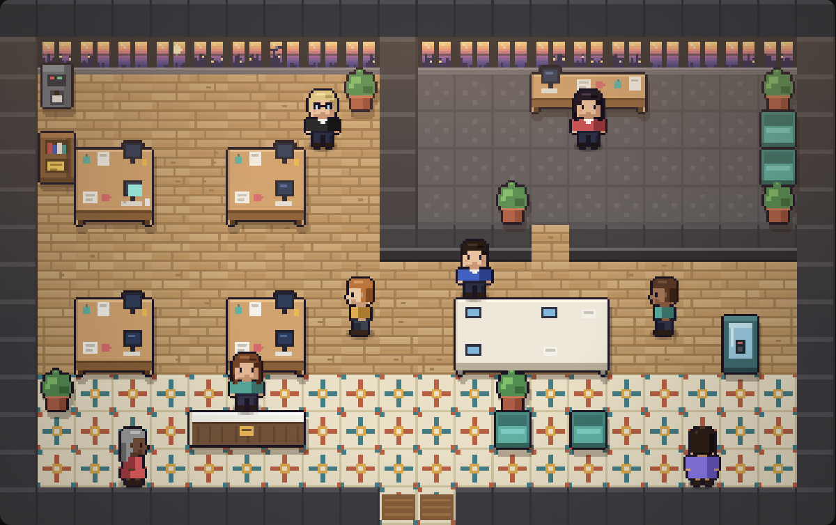 The game's office: desks, a meeting table, the manager's room and colleagues to talk to